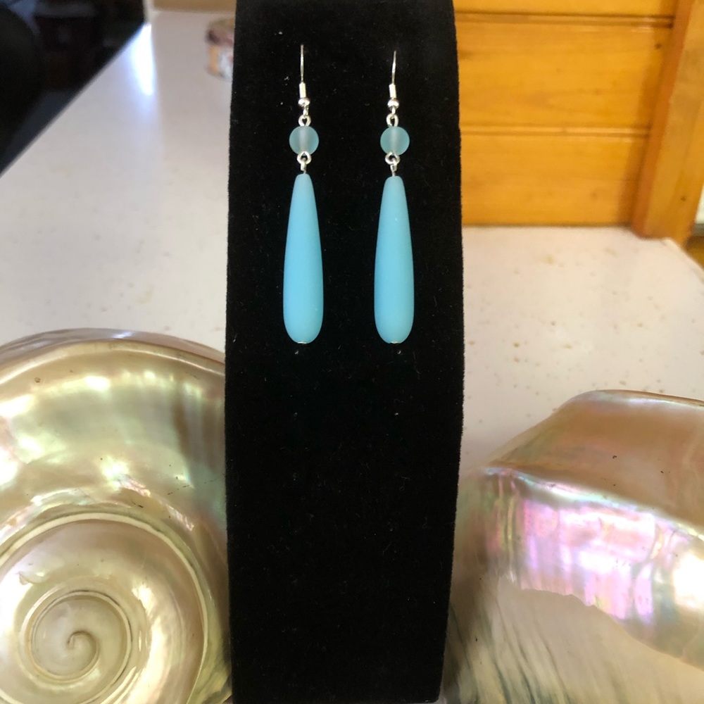 Handmade Sterling Silver 925 - Opaque Blue Cultured Sea Glass Earrings